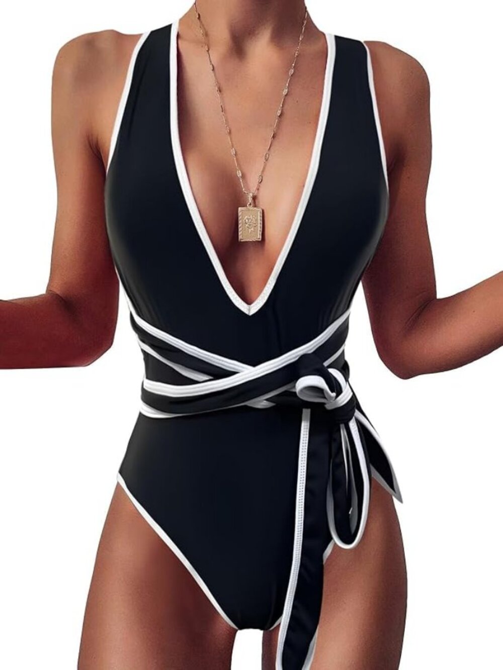 Lilosy Sexy Tie Criss Cross Plunge One Piece Thong Swimsuit